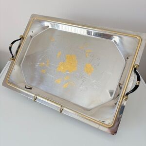 Signed Italian Decorative Tray Stainless Steel with 24k Gold Accents Vintage